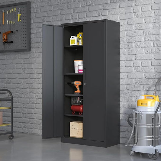 Metal Storage Cabinet with Adjustable Shelves, Garage Tool Cabinet with 2 Lockable Doors for Office, Home, Garage, Require Assembly, Black