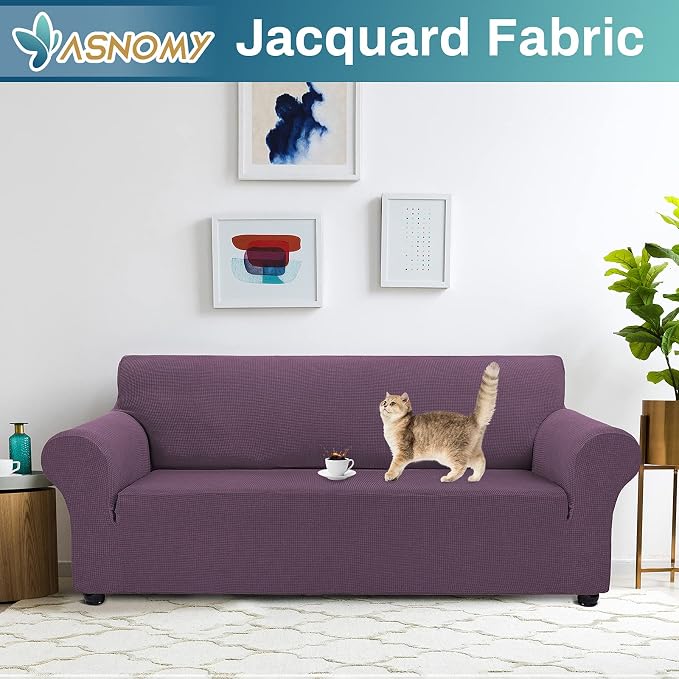 Asnomy Stretch Couch Covers for Sofa Washable, 3 Cushion Couch,Gray Purple | 1-Piece Sofa Covers(78"-94") 3-Seater Furniture Protector Soft Jacquard,Non-Slip Elastic Bottom For Dogs & Kids