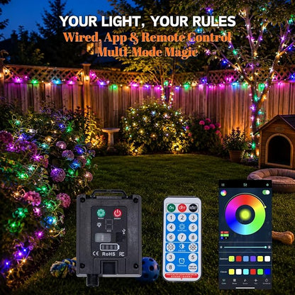 Solar Fairy Lights, 33FT 100 LED RGB APP Control | IP65 waterproof, remote control, multi-mode. String lights for garden, party, tree, backyard decoration.