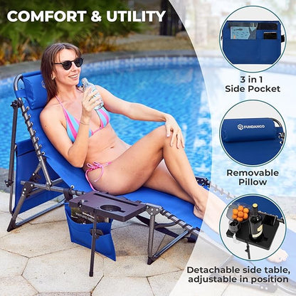 FUNDANGO 4 in 1 Tanning Chair with Face Hole, Beach Lounge Chair with Canopy Shade & Side Table Chaise Lounge Chairs for Patio, Pool, Lawn, Sunbathing, 5-Position Adjustable Sun Lounger, Blue