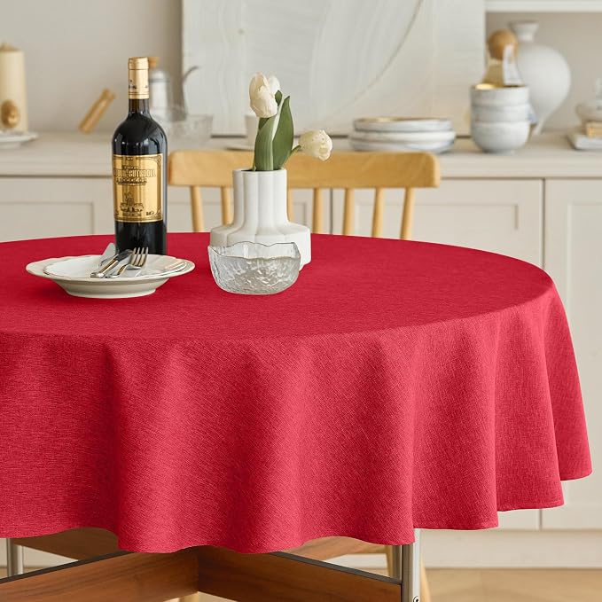 Decorelia Waterproof Round Tablecloth, Decorative Rustic Wipeable Tablecloths Wrinkle Free Table Cloth Cover for Holiday,Wedding,Dining& Kitchen Table (70 Inch,Round (4-6 Seats),Red)