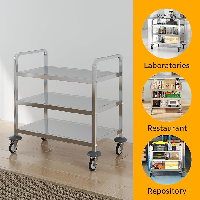 uyoyous 3 Tier Stainless Steel Utility Cart, Commercial Serving Cart | 400 lbs Capacity Heavy Duty Rolling Cart with 360° Rotation Wheels for Kitchen Hotel Restaurant Home, 30" L x 16" W x 33" H