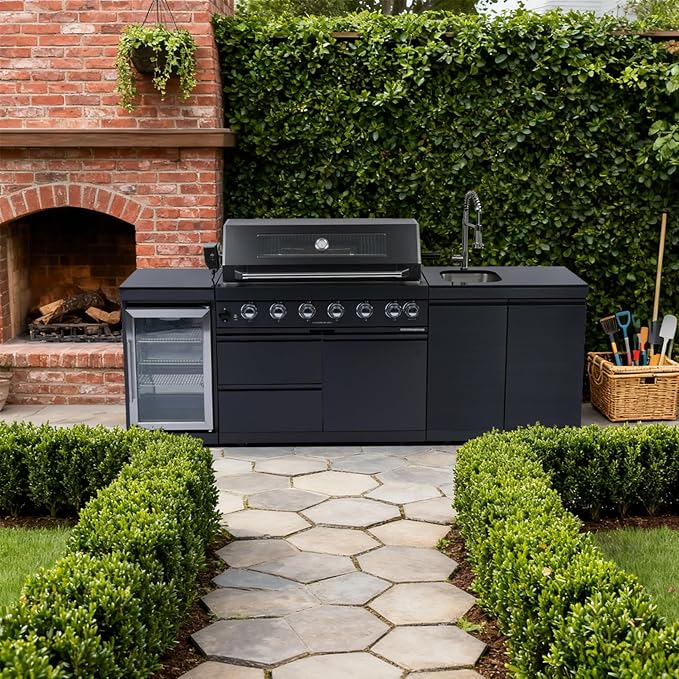 104" Modular Outdoor Kitchen Island With Grill And Side Burner, 4-burner 72,000 Btu Propane Bbq Island, Refrigerator, Separate Sink & Prep Station, For Backyard NG-Black 85000BTU/95 Inch