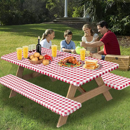 OutdoorLines Vinyl Fitted Picnic Table Cover with Bench Covers | Elastic Waterproof Camping Tablecloth for Picnic Table (Checkered Red 96x30 Inch, 3 Pcs)