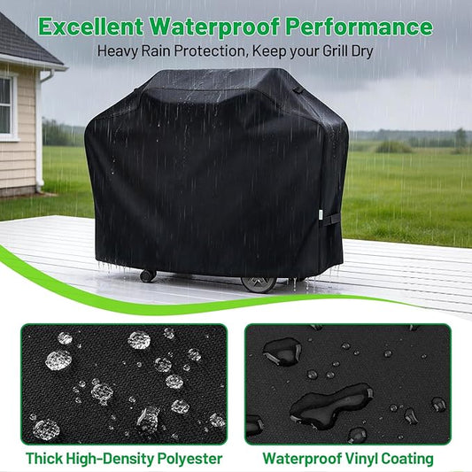 Grill Cover 60 Inch, BBQ Grill Cover for Weber, Char-Broil, Nexgrill Outdoor Grill, Heavy Duty Waterproof Barbecue Gas Grill Cover with Windproof Straps & Handles, Black