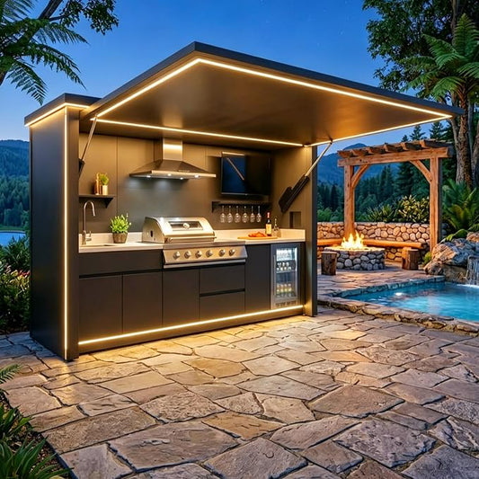 Outdoor Kitchen Pod with Roof, Prefabricated Modular Outdoor Kitchen Island Featuring Sink, Grill Station, Storage Cabinet and Prep Counter, Backyard Patio Cooking Solution for Family Gatherings