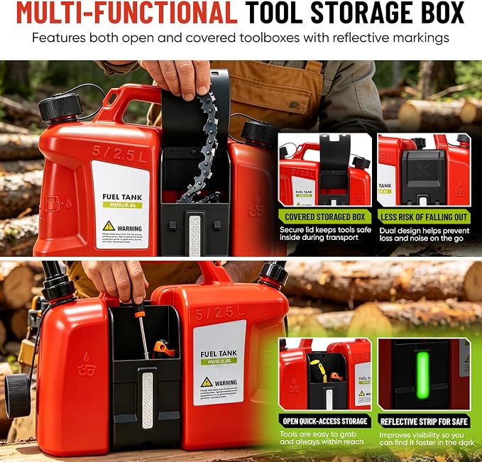 Dual-Chamber Chainsaw Fuel and Bar Oil Can, Portable 2-in-1 Refueling Container with Adjustable Shoulder Strap, Visible Level Window, Covered Tool Storage Box and Leak-Resistant Pour Spouts for Forestry Yard Farm Work