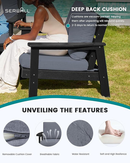 SERWALL 4 Piece HDPE Outdoor Furniture Set, All Weather Wood-Like Outdoor Sofa Sectional Couch, Black Patio Furniture Set with Grey Cushions