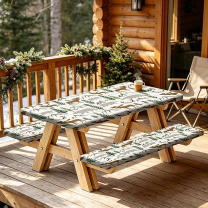 Picnic Table Cover with Bench Covers and Bag, Deer Moose Forest Wildlife Rv Essentials, Waterproof Windproof Fabric, Fitted Tablecloth Cover with Elastic Edge, 3 PCS, 30x96 Inch