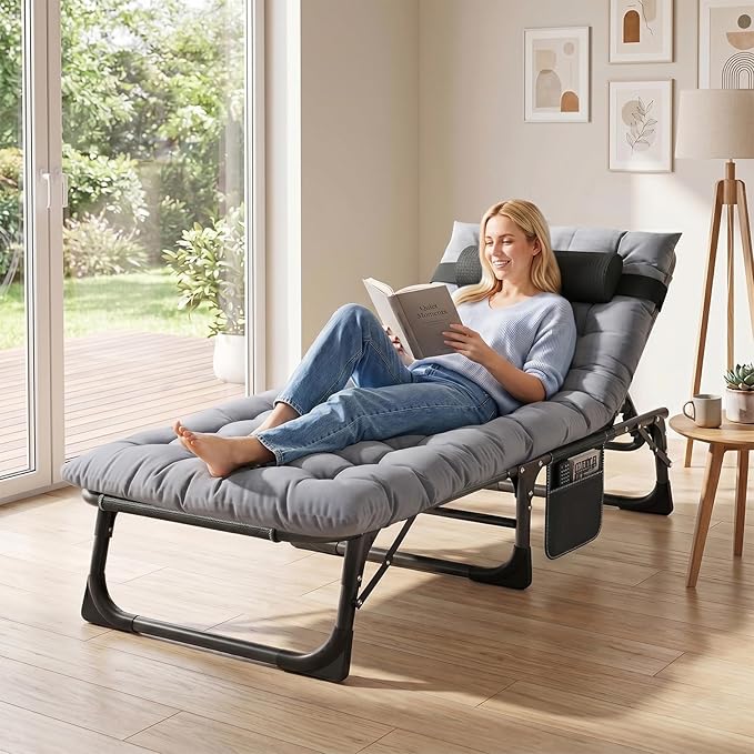 ABORON 3-in-1 Folding Patio Lounge Chair, 440LB Heavy-Duty Tri-Fold Guest Bed with Plush Cotton Cushion, No Assembly Adjustable Recliner for Office Nap, Patio Sunbathing, Poolside & Camping