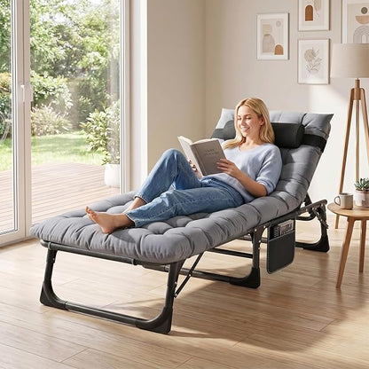 ABORON 3-in-1 Folding Patio Lounge Chair, 440LB Heavy-Duty Tri-Fold Guest Bed with Plush Cotton Cushion, No Assembly Adjustable Recliner for Office Nap, Patio Sunbathing, Poolside & Camping