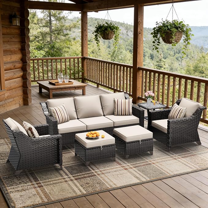 6 Piece Patio Furniture Set, Wicker Outdoor Conversation Set | Patio Chair Set with Olefin Removable Cushion, All-Weather Outdoor Couch with Deep Seat for Porch, Deck and Backyard, Beige
