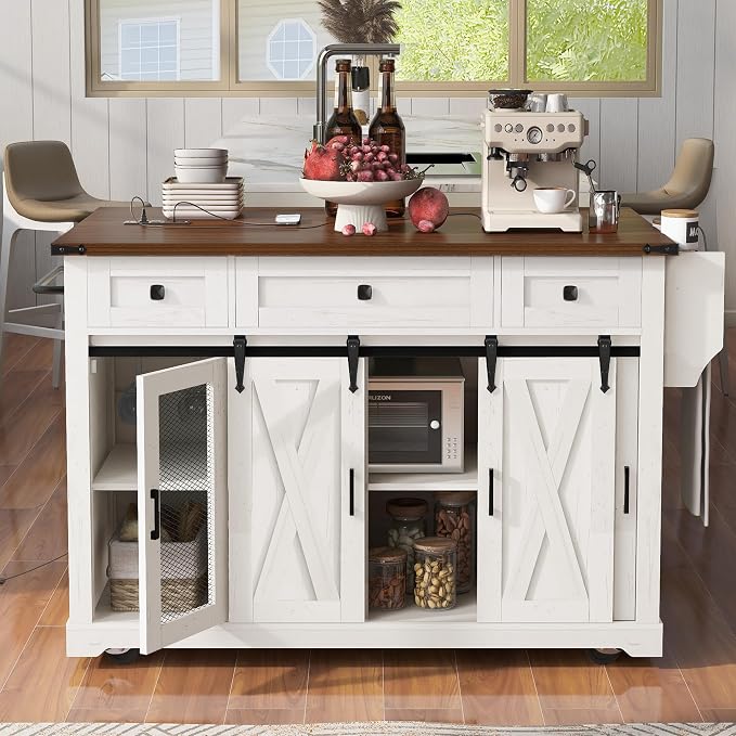 Bellemave 58" Farmhouse Kitchen Island cart with Charging Station and with Storage, Sliding Barn Door & Metal Grid Side Door, Rolling Kitchen Island Table with 5 Wheels with Spice Rack, White