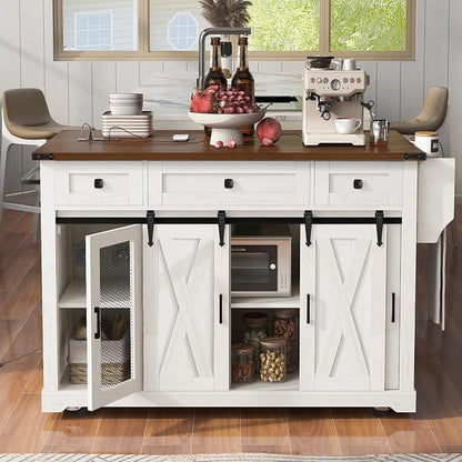 Bellemave 58" Farmhouse Kitchen Island cart with Charging Station and with Storage, Sliding Barn Door & Metal Grid Side Door, Rolling Kitchen Island Table with 5 Wheels with Spice Rack, White