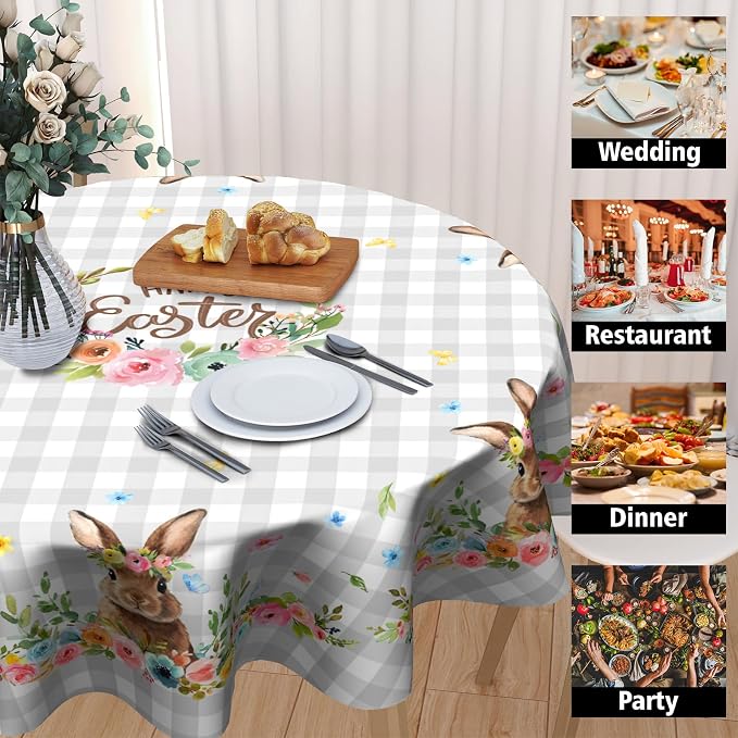 Sweetshow Happy Easter Wreath Table Cloth Round Colorful Flowers Grey White Buffalo Plaid Rabbit Tablecloth 70 Inch Decor Washable Stain and Wrinkle Spring Floral Round Table Cover for Dining Picnic