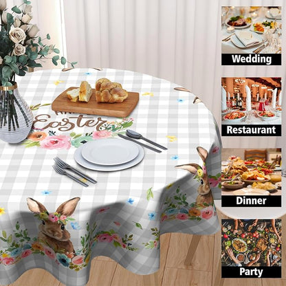 Sweetshow Happy Easter Wreath Table Cloth Round Colorful Flowers Grey White Buffalo Plaid Rabbit Tablecloth 70 Inch Decor Washable Stain and Wrinkle Spring Floral Round Table Cover for Dining Picnic
