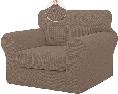 ISSUNTEX 2 Pieces High Stretch Thicken Chair Couch Covers, Soft Sofa Slipcover for 1 Separate Cushion Couch, Jacquard Fabric Elastic Sofa Cover Furniture Protector for Dogs (Chair, Camel)