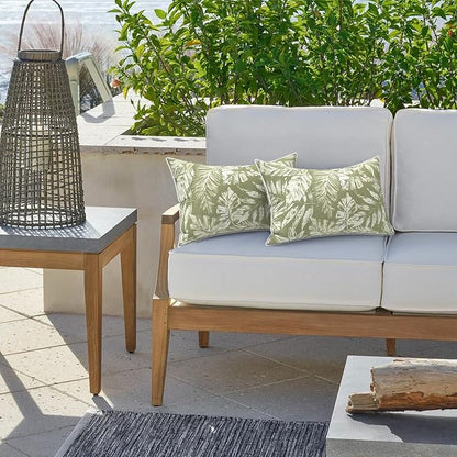 LVTXIII 2 Pack Outdoor Lumbar Pillow Covers 12x20 Inch with Piping, Water-Repellent Back Cushion Covers ONLY for Patio Furniture, Sofa, Garden Bench, Tropical Leaf Green