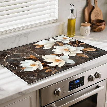 Heat-Resistant Glass Stove Top Cover with Anti-Slip Rubber Coating – Electric Stove Protector, Scratch-Resistant, Counter Space Decor Mat (Magnolia, 28.5"L x 20.5"W)