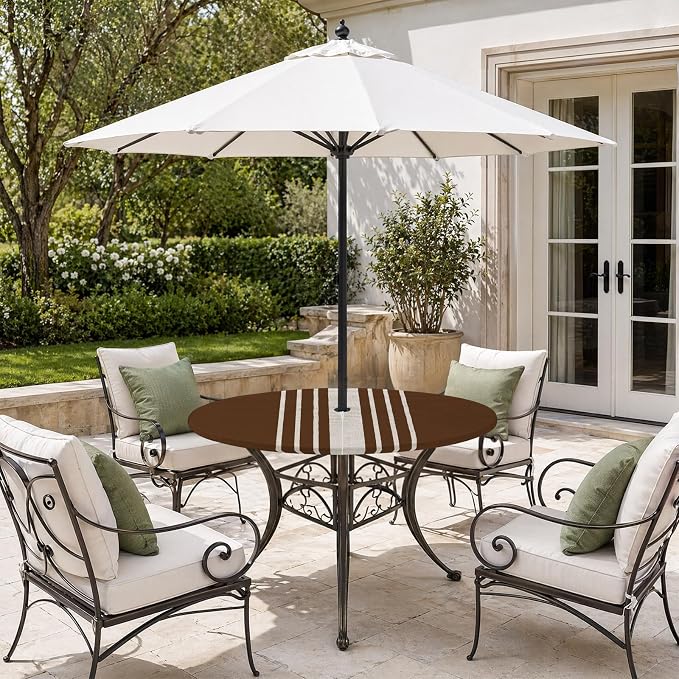 Outdoor Fitted Tablecloth with Umbrella Hole and Zipper, Brown Beige Striped Elastic Round Patio Table Cover, Farmhouse Retro Lines Modern Windproof Table Protector for Backyard BBQ Party 55''-60''
