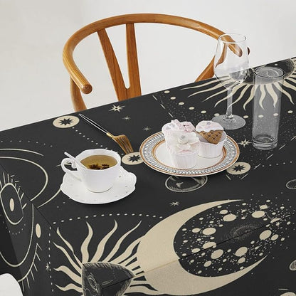 Sun Moon Tablecloth Boho Astrology Mystical Celestial Star Crescent Galaxy Space Table Cloth Water Resistant Wipeable Table Cover for Farmhouse Picnic Party Holiday Kitchen Dinner Table 60"x90"