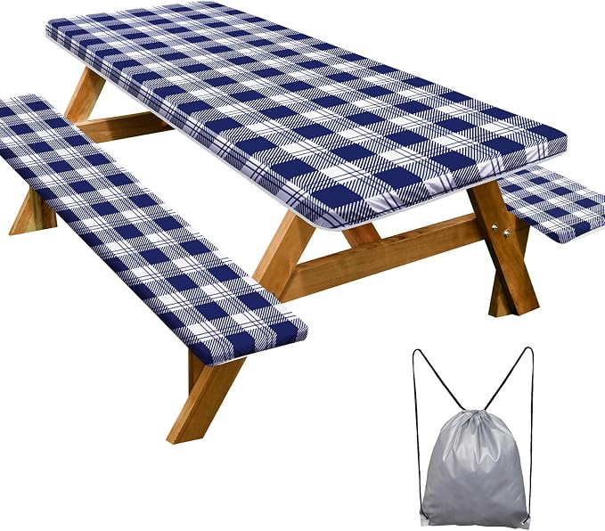 Picnic Table Cover Bench Covers Camping Essentials Tablecloth | Waterproof Vinyl for Outdoor, Windproof Elastic Fitted Edges, RV BBQ Accessories Must Haves, Storage Bag Included