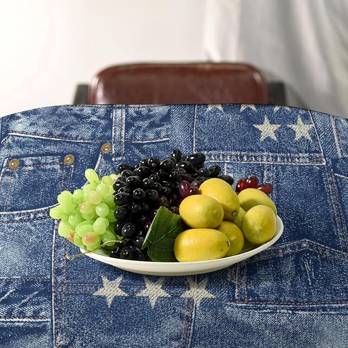 Denim Patchwork Style Tablecloth, Fashionable Blue Denim Jean Pocket Design Water Resistant Wipeable Table Cover for Farmhouse Picnic Party Holiday Kitchen Dinner Table 55"x75"