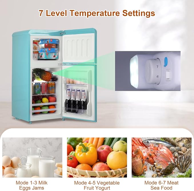 Retro Mini Fridge with Freezer 4.0 Cu. Ft, Small Refrigerator with 7 Level Adjustable Thermostat, Compact Classic Dual Door Fridge Removable Glass Shelves for Apartments, Dorm, Office, Mint Green | 7 Level Adjustable Thermostat, Compact Classic Dual Do...