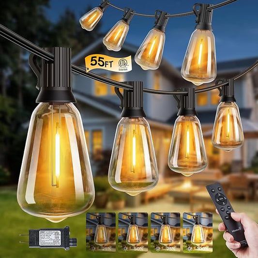 Minetom 55FT Outdoor String Lights with Remote, Shatterproof ST38 LED Bulbs, Waterproof Patio Lights with 3 Modes, Dimmable & Connectable 2700K Hanging Lights for Backyard Porch Deck Balcony