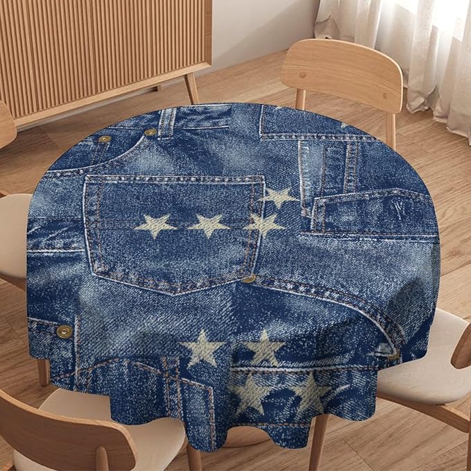 Denim Patchwork Style Round Tablecloth, Fashionable Blue Denim Jean Pocket Design Water Resistant Wipeable Table Cover for Farmhouse Picnic Party Holiday Kitchen Dinner Table 60"