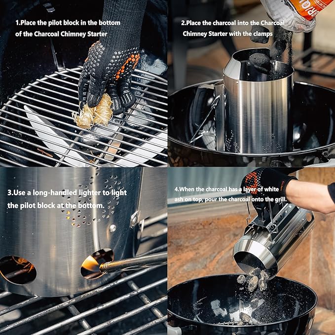 onlyfire Heavy Duty Deluxe BBQ Chimney Starter, Stainless Steel Charcoal Chimney Starter for Charcoal Grills Barbecue Fire Starter with Heat Shield & Stay-Cool Handle Easy to Use Grill Tool