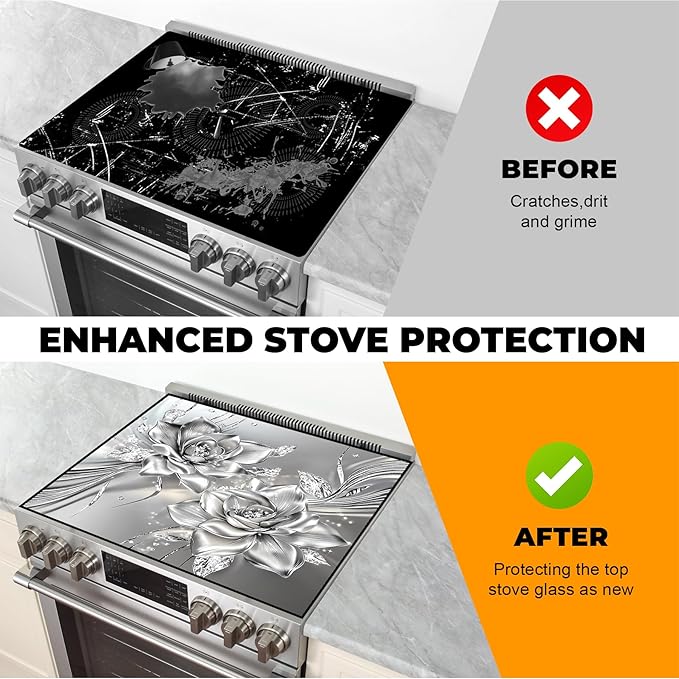 Heat-Resistant Glass Stove Top Cover with Anti-Slip Rubber Coating – Electric Stove Protector, Scratch-Resistant, Counter Space Decor Mat (Rose, 28.5"L x 20.5"W)