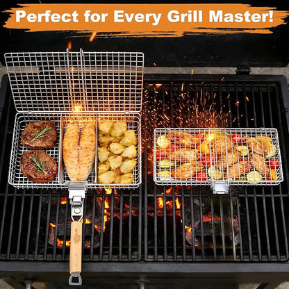 WILLBBQ Grill Basket Set for Camping Outdoor BBQ, Includes 2 Sizes, Removable Divider, Basting Brush, Folding Portable Wooden Handles, Stainless Steel Fish Grilling Veggie Meat Baskets (Silver)