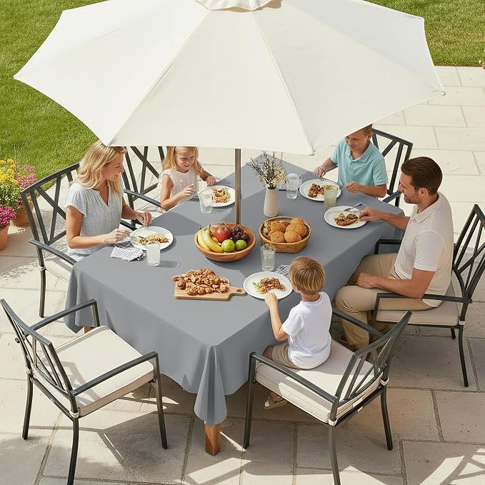 LUSHVIDA Rectangle Outdoor Tablecloth with Umbrella Hole and Zipper, 60x102 Inch Silver, Washable Waterproof Table Cloth Spill Proof Wrinkle Free Table Cover for Patio Spring Summer Picnic BBQS