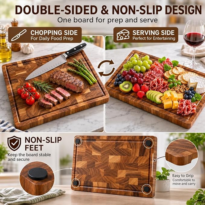 Walnut Cutting Board for Kitchen, Checkered End Grain Wood Cutting Board, Butcher Block with Juice Groove, Handle & Non-Slip Feet, Large Charcuterie Board for Meat, BBQ & Serving