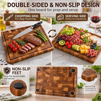 Walnut Cutting Board for Kitchen, Checkered End Grain Wood Cutting Board, Butcher Block with Juice Groove, Handle & Non-Slip Feet, Large Charcuterie Board for Meat, BBQ & Serving