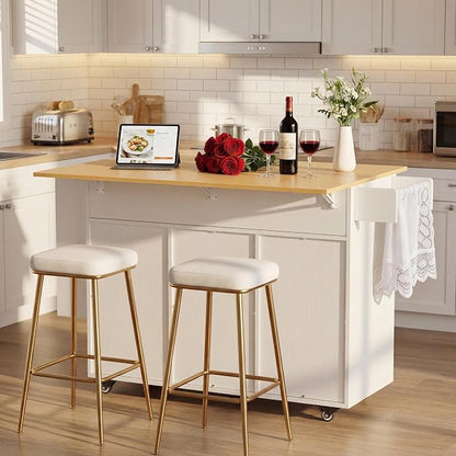 YESHOMY Kitchen Island on Wheels with Trash Cabinet, 56" Mobile Cart with Drop Leaf and Drawers, Rolling Portable Table with Spice Rack & Towel Holder for Dining Room, White & Oak
