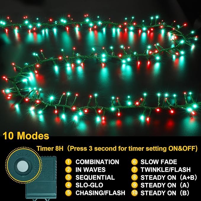 500 LED Red & Green String Lights, 46ft 16 Modes Plug in Christmas Lights, Waterproof Connectable Color Changing Cluster Lights for Indoor Outdoor Party Holiday Decor