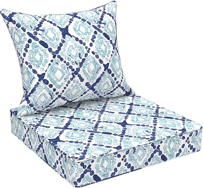 DYTXIII Outdoor Deep Seat Cushion Set, Water Repellent 24"x24" Patio Thick Cushions Replacement with Seat & Back Pillow for Patio Sofa, Wicker Chair, Couch - Boho Geometry Blue