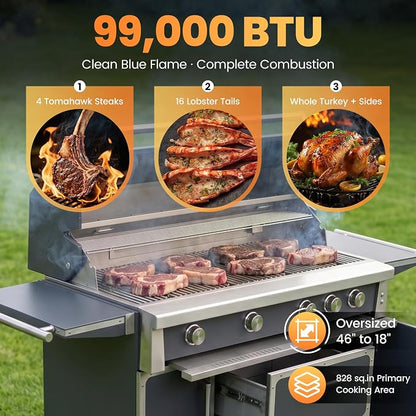 49" Stainless Steel Grey Grill, 4 Burners & Infrared Burner, Natural Gas | 99,000 BTU Four Cast Burners & Infrared Back Burner for Garden & Outdoor Cooking 304 stainless steel Storage drawers