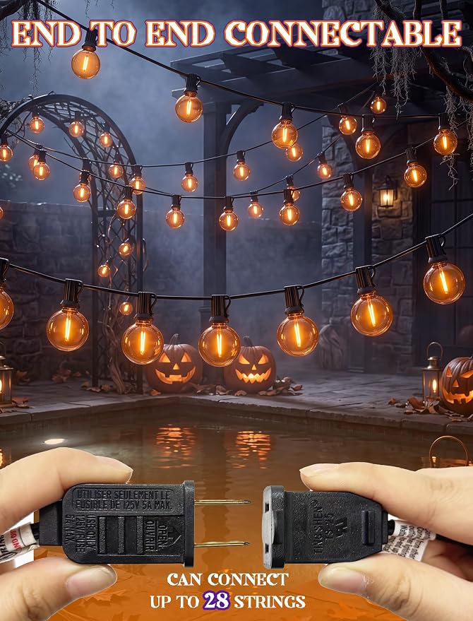 50FT Orange Halloween Outdoor String Lights 27 Shatterproof G40 Globe Bulbs | Waterproof Patio String Lights, Dimmable Hanging Halloween Lights Outdoor for Porch Deck Garden Backyard Balcony Decorations