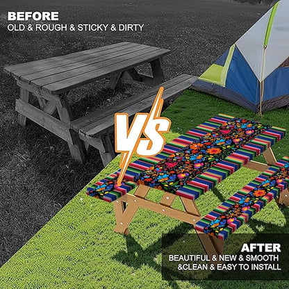 Mexico Picnic Table Cover with Bench Covers and Bag, Camping Essentials, Cinco De Mayo Fiesta Stripes Fitted Table Cover, 6ft Outdoor Tablecloth Waterproof Windproof with Elastic Edge 3 PCS 30x60 Inch