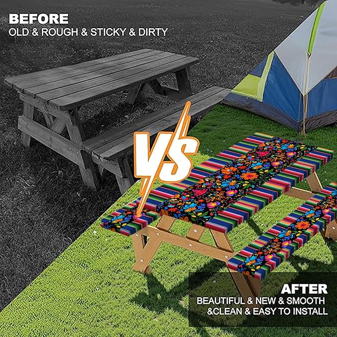 Mexico Picnic Table Cover with Bench Covers and Bag, Camping Essentials, Cinco De Mayo Fiesta Stripes Fitted Table Cover, 6ft Outdoor Tablecloth Waterproof Windproof with Elastic Edge 3 PCS 30x72 Inch