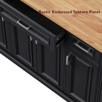 Ball & Cast Large Kitchen Island with Rubber Wood Drop Leaf,Embossed Texture Rolling Kitchen Cart On 4 Wheels W/4 Doors & 3 Drawers,Mobile Kitchen Islands W/ Storage for Kitchen,Dining Room,Black,54"
