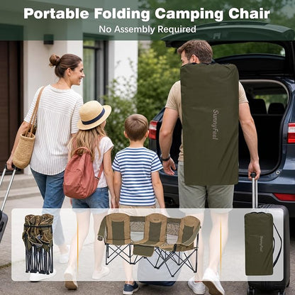 SUNNYFEEL 3 Person Camping Chair Oversized Loveseat for Adults | 1050LBS Heavy Duty Folding Couch with 2 Cup Holder Padded Headrest, Storage Pockets & Carry Bag for Camping/ Lawn/ Backyard