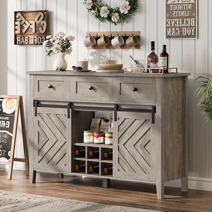 CABIHOME Farmhouse 47.2'' Buffet Cabinet with Sliding Barn Door, 33.4'' Tall Wood Rustic Sideboard with 3 Drawer, Adjustable Shelf and Removable Wine Rack (Vintage, 47.2'')