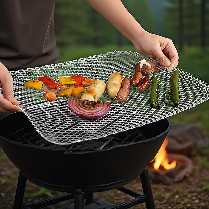10 Pack Disposable Grill Toppers, Aluminum BBQ Mesh Mats for Outdoor Cooking, 15.3 x 12 Inch Grilling Liners to Help Reduce Food Drops Through Grates, for Vegetables, Fish, Meat and Camping