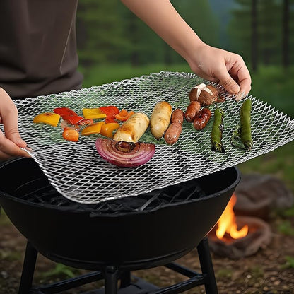 10 Pack Disposable Grill Toppers, Aluminum BBQ Mesh Mats for Outdoor Cooking, 15.3 x 12 Inch Grilling Liners to Help Reduce Food Drops Through Grates, for Vegetables, Fish, Meat and Camping