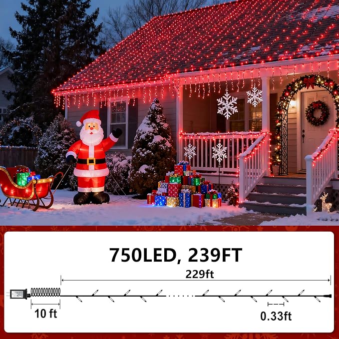Christmas String Lights Outdoor Green Wire 240FT 750 LED Red | Dimmable, 12 Light Styles, Memory Timer, Waterproof, 29V Safe Low Voltage, Diamond-Faceted LED, Energy Efficiency