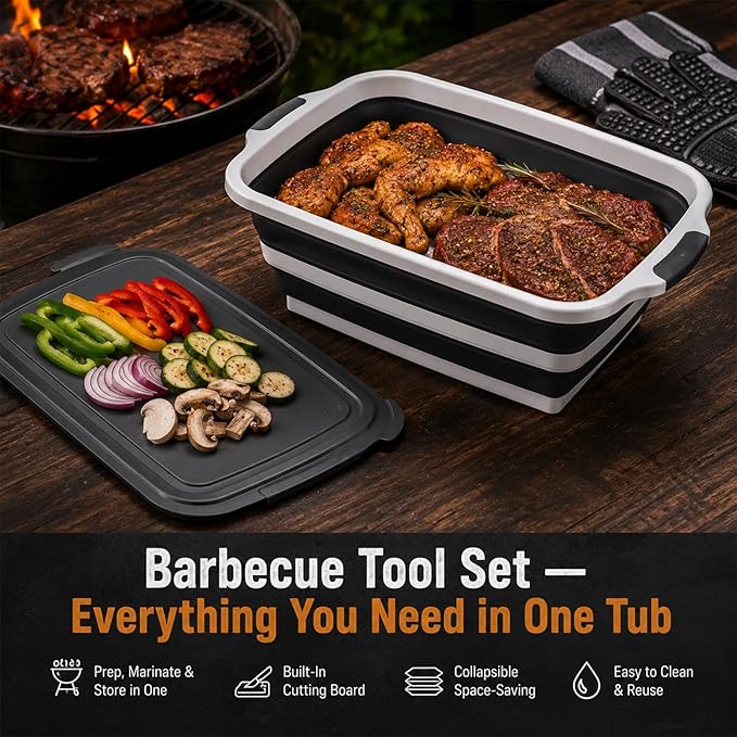 BBQ Prep Tub with Lid and Cutting Board - Collapsible Barbecue Tool Set for Marinating, Grilling, BBQ Prep Station for Outdoor Cooking, Camping Kitchen Accessories & Barbecue Utensils, XX-Large Black